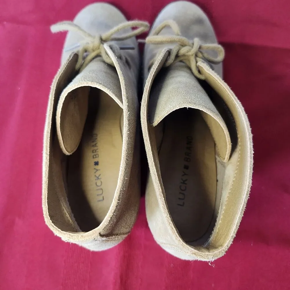 Lucky Brand Yamene Suede Wedge Booties Lace Up Ankle Boots Tan Brown Size 7.5 M